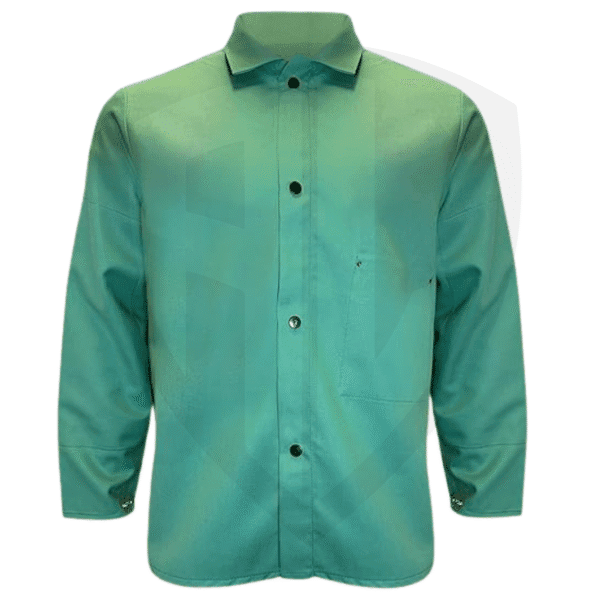 Industrial FR Welding Coat – Green 9oz Cotton, 30", Snap Closure, Inside Pocket